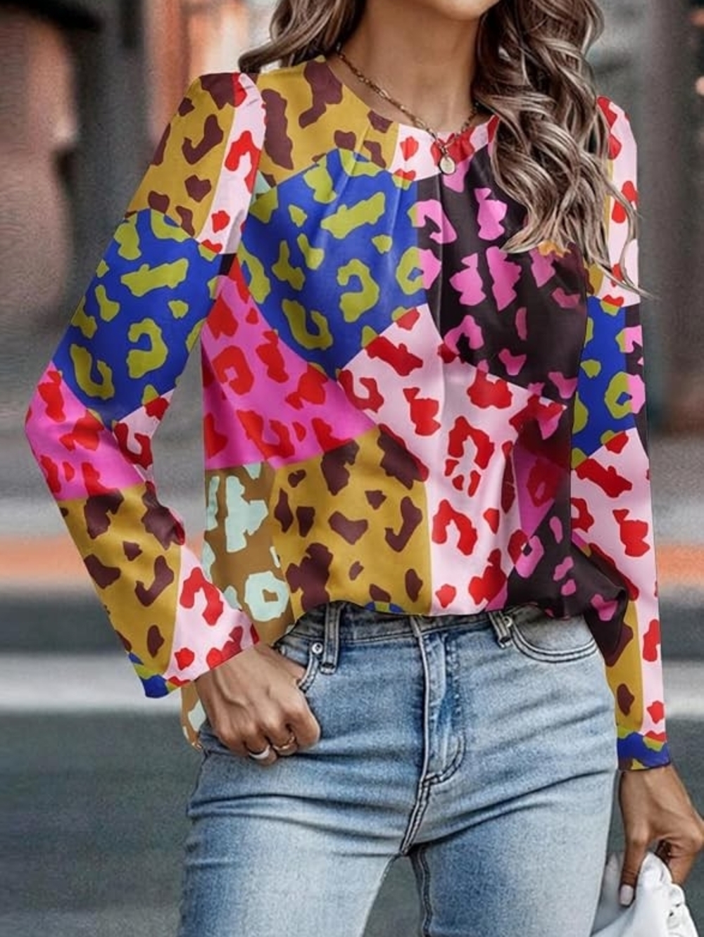 Source Unknown Multicolor Patchwork Leopard Print Blouse. Size Large